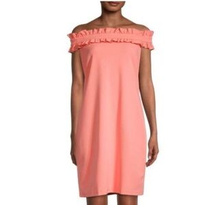 Marina Off-The-Shoulder Ruffle Coral Pencil Dress‎